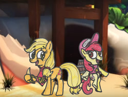 Size: 1024x777 | Tagged: safe, artist:captainquack64, imported from derpibooru, apple bloom, applejack, earth pony, pony, 2018, banana, donkey kong, donkey kong (series), donkey kong country returns, duo, duo female, female, filly, foal, food, hoof hold, mare, nintendo