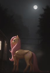 Size: 832x1216 | Tagged: safe, imported from derpibooru, fluttershy, pegasus, pony, ai content, ai generated, cabin, cutie mark, full moon, moon, night, prompter:thehyperinsectoid, solo, standing, tree