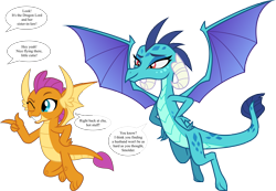 Size: 7090x4916 | Tagged: safe, artist:frownfactory, artist:mattbas, edit, imported from derpibooru, vector edit, princess ember, smolder, dragon, she's all yak, .svg available, absurd resolution, cute, dragoness, duo, duo female, female, flirting, flying, high res, implied emble, one eye closed, pointing, simple background, sisters-in-law, smolderbetes, speech bubble, svg, transparent background, vector, wings