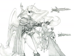 Size: 1400x1076 | Tagged: safe, artist:baron engel, imported from derpibooru, philomena, princess celestia, alicorn, anthro, phoenix, unguligrade anthro, captain harlock, eyepatch, female, mare, monochrome, pencil drawing, traditional art