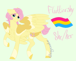 Size: 1000x800 | Tagged: safe, artist:satyrsong99, imported from derpibooru, fluttershy, 2024, green background, looking at you, pansexual, pansexual pride flag, pride, pride flag, raised hoof, signature, simple background, smiling, solo