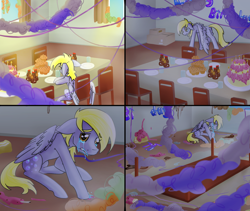 Size: 2066x1740 | Tagged: safe, artist:destiny_manticor, imported from derpibooru, derpy hooves, pegasus, pony, alone, angry, bad end, birthday, birthday party, cake, chair, comic, commission, crying, cute, decoration, feels, female, food, forgotten birthday, frown, happy birthday to me, hat, lonely, looking at you, mare, muffin, open mouth, parody, party, ponified, sad, sad pony, sitting, solo, table, table flip, tears of anger, wings