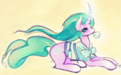 Size: 1393x869 | Tagged: safe, artist:lexette7, imported from derpibooru, mistmane, pony, unicorn, cup, curved horn, female, flowing mane, flowing tail, glowing, glowing horn, horn, magic, magic aura, mare, simple background, sipping, tail, teacup