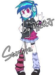 Size: 1601x2134 | Tagged: safe, artist:mofalangzhong60411, imported from derpibooru, dj pon-3, vinyl scratch, human, equestria girls, choker, clothes, headphones, jewelry, kneesocks, loose socks, mismatched socks, pendant, sample, shoes, short sleeves, simple background, skirt, smiling, socks, solo, text, thigh bands, thighs, white background, wrist wraps