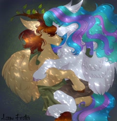 Size: 2548x2648 | Tagged: safe, imported from derpibooru, princess celestia, oc, oc:king mirael, deer, deer pony, eikerren, original species, peryton, female, loincloth, male, sleeping, tribal