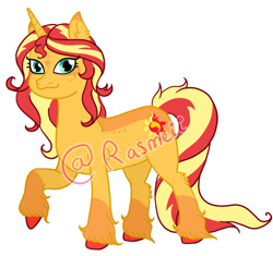 Size: 1280x1203 | Tagged: safe, artist:ponyrasmeii, imported from derpibooru, sunset shimmer, pony, unicorn, cute, ear fluff, female, horn, mare, markings, raised hoof, redesign, shimmerbetes, simple background, solo, unshorn fetlocks, watermark, white background