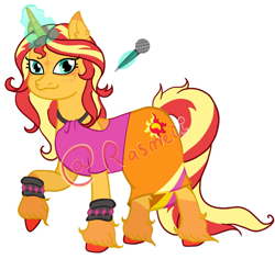 Size: 2088x1968 | Tagged: safe, artist:darktailsko, artist:ponyrasmeii, edit, imported from derpibooru, sunset shimmer, pony, unicorn, equestria girls, clothes, collaboration, cute, ear fluff, female, glowing, glowing horn, horn, magic, mare, markings, microphone, my little pony equestria girls: rainbow rocks, rainbow rocks 10th anniversary, raised hoof, redesign, shimmerbetes, simple background, skirt, solo, spiked wristband, tanktop, unshorn fetlocks, watermark, white background, wristband