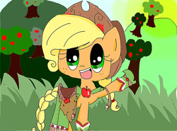 Size: 1280x948 | Tagged: safe, artist:derpy-pie, imported from derpibooru, applejack, earth pony, pony, apple, apple tree, applejack's hat, clothes, cowboy hat, dress, female, food, gala dress, hat, mare, solo, sun, tree