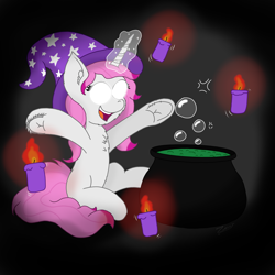 Size: 2000x2000 | Tagged: safe, artist:zeccy, imported from derpibooru, oc, oc only, unicorn, candle, cauldron, glowing, glowing eyes, hat, horn, solo