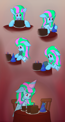 Size: 2160x4000 | Tagged: safe, artist:callichrome, imported from derpibooru, oc, oc only, pegasus, pony, birthday, birthday cake, cake, coat markings, crying, dappled, female, food, frown, hat, party hat, pegasus oc, picture frame, sad, solo, teary eyes, wings