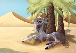 Size: 5149x3561 | Tagged: safe, artist:sadatrix, imported from derpibooru, oc, oc:seriara, earth pony, pony, absurd resolution, female, lying down, mare, palm tree, prone, solo, tree