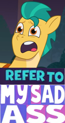 Size: 599x1124 | Tagged: safe, edit, edited screencap, editor:horsesplease, imported from derpibooru, screencap, hitch trailblazer, caption, expand dong, exploitable meme, g5, image macro, meme, my little pony: tell your tale, sad hitch, text, vulgar