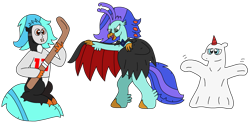 Size: 3063x1503 | Tagged: safe, artist:supahdonarudo, imported from derpibooru, oc, oc only, oc:icebeak, oc:ironyoshi, oc:sea lilly, classical hippogriff, ghost, hippogriff, undead, unicorn, vampire, bipedal, cape, clothes, costume, fangs, ghost costume, halloween, halloween costume, hockey mask, hockey stick, holiday, horn, jersey, mask, simple background, sitting, transparent background, vampire costume