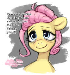 Size: 3000x3212 | Tagged: safe, artist:bloodymrr, imported from derpibooru, fluttershy, pegasus, alternate universe, bags under eyes, blushing, dilated pupils, female, gray background, hair bun, pink hair, pink mane, simple background, sketch, smiling, solo, text