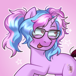 Size: 2000x2000 | Tagged: safe, artist:zigmeow, imported from derpibooru, oc, oc only, pony, unicorn, cute, horn, pigtails, simple background, tongue out