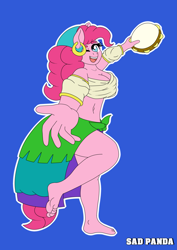 Size: 2893x4092 | Tagged: safe, artist:sadpanda1268, imported from derpibooru, pinkie pie, anthro, earth pony, plantigrade anthro, barefoot, breasts, busty pinkie pie, feet, gypsy pie, looking at you, musical instrument, one eye closed, open mouth, open smile, romani, smiling, solo, tambourine, wink, winking at you