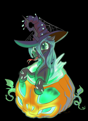 Size: 3360x4640 | Tagged: safe, artist:lytlethelemur, imported from derpibooru, queen chrysalis, changeling, changeling queen, black background, cute, cutealis, female, fire, forked tongue, green fire, halloween, hat, high res, holiday, jack-o-lantern, pumpkin, simple background, solo, spider web, witch hat