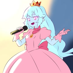 Size: 1222x1222 | Tagged: safe, artist:strugetdraw, imported from derpibooru, oc, oc only, oc:jemimasparkle, human, equestria girls, clothes, crown, cute, dress, female, gloves, gown, jewelry, microphone, ocbetes, open mouth, open smile, princess peach, regalia, singing, smiling, solo, super mario bros.