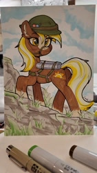 Size: 2268x4032 | Tagged: safe, artist:dandy, imported from derpibooru, earth pony, pony, coat markings, commission, female, helmet, mare, markers, poker chips, ponified, sergeant reckless, socks (coat markings), solo, traditional art