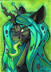 Size: 3456x4912 | Tagged: safe, artist:stirren, imported from derpibooru, queen chrysalis, changeling, changeling queen, bust, crown, female, jewelry, long hair, long mane, portrait, regalia, scan, tongue out, traditional art