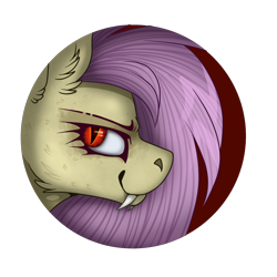 Size: 2300x2300 | Tagged: safe, artist:molars, imported from derpibooru, fluttershy, bat pony, badge, bat eyes, bat ponified, button, fangs, flutterbat, race swap, red background, red eyes, simple background, solo