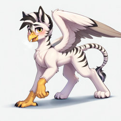 Size: 1024x1024 | Tagged: safe, imported from derpibooru, oc, oc only, griffon, zebra, ai content, ai generated, blushing, generator:stable diffusion, hybrid oc, male, prompter:pzkratzer, raised leg, simple background, solo, solo male, spread wings, white background, wings