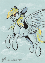 Size: 4904x6912 | Tagged: safe, artist:stirren, imported from derpibooru, derpy hooves, pegasus, cloud, scan, traditional art, wings