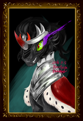 Size: 1453x2128 | Tagged: safe, artist:grimbloody, imported from derpibooru, king sombra, pony, unicorn, bust, dark magic, horn, magic, male, portrait, smiling, solo, sombra eyes, stallion