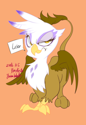 Size: 1458x2116 | Tagged: safe, artist:grimbloody, imported from derpibooru, gilda, griffon, female, loser, simple background, solo, speech bubble, talking to viewer