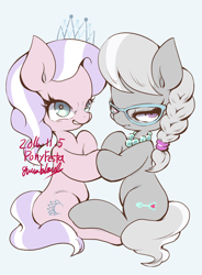 Size: 1450x1969 | Tagged: safe, artist:grimbloody, imported from derpibooru, diamond tiara, silver spoon, earth pony, pony, duo, duo female, female, filly, foal, jewelry, looking at you, necklace, simple background, tiara, touching hooves