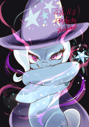 Size: 1453x2060 | Tagged: safe, artist:grimbloody, imported from derpibooru, trixie, pony, unicorn, bipedal, cape, clothes, female, hat, horn, looking at you, magic, magic aura, magic wand, mare, simple background, smiling, solo, trixie's cape, trixie's hat