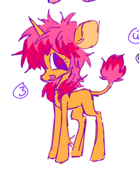 Size: 400x500 | Tagged: safe, artist:twinklewish, artist:webkinzworldz, imported from derpibooru, oc, oc only, oc:razzle dazzle, pony, unicorn, 2021, alternate universe, big ears, big eyes, big head, colored pinnae, colored pupils, ear fluff, eyelashes, female, filly, filly oc, foal, horn, leg fluff, leonine tail, long legs, looking back, magical lesbian spawn, no catchlights, offspring, old art, open mouth, open smile, orange coat, parent:princess flurry heart, parent:pumpkin cake, parents:pumpkin heart, profile, purple eyes, red pupils, shaggy mane, simple background, smiling, solo, standing, tail, thin, thin tail, two toned mane, two toned tail, unicorn horn, unicorn oc, white background