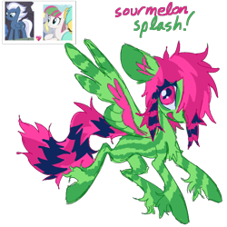 Size: 1500x1500 | Tagged: safe, artist:twinklewish, artist:webkinzworldz, imported from derpibooru, blossomforth, derpy hooves, double diamond, night glider, party favor, sunshower raindrops, oc, oc only, oc:sourmelon splash, pegasus, pony, 2021, big ears, big eyes, blank flank, chest fluff, coat markings, colored ear fluff, colored pinnae, coontails, crack ship offspring, crack shipping, eye clipping through hair, eye markings, facial markings, green coat, leg stripes, long mane, long tail, looking back, magical lesbian spawn, offspring, old art, parent:blossomforth, parent:night glider, pegasus oc, pink eyes, pink mane, pink tail, profile, scene, scene hair, screencap background, shipping, siling, simple background, socks (coat markings), solo, spread wings, striped, stripes, tail, thick eyelashes, three toned mane, three toned tail, three toned wings, transparent background, unshorn fetlocks, wing stripes, wings