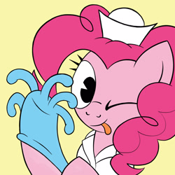 Size: 2100x2100 | Tagged: safe, artist:aprilfools, pinkie pie, pony, album cover, blink-182, clothes, female, gloves, hat, latex, latex gloves, mare, nurse hat, nurse outfit, reference, simple background, solo, tongue out, winking at you, yellow background