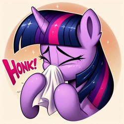 Size: 1024x1024 | Tagged: safe, imported from derpibooru, twilight sparkle, unicorn, ai content, ai generated, eyes closed, female, generator:bing image creator, generator:dall-e 3, honk, horn, mare, nose blowing, prompter:heydude5321, solo, tissue