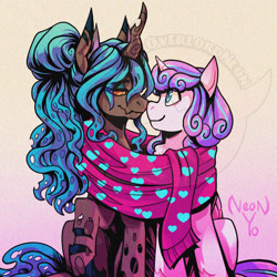 Size: 1500x1500 | Tagged: safe, artist:overlordneon, imported from derpibooru, princess flurry heart, oc, oc:chriki, alicorn, changeling, pony, boop, canon x oc, changeling oc, clothes, duo, duo female, female, gradient background, heart, heart print, lesbian, looking at someone, mare, noseboop, not queen chrysalis, offspring, older, older flurry heart, parent:queen chrysalis, scarf, shared clothing, shared scarf, shipping, smiling, smiling at each other