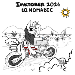 Size: 1000x1000 | Tagged: safe, artist:sunamoonmlp, imported from derpibooru, oc, oc only, oc:sunamoon, alicorn, pony, cute, desert, female, horn, inktober, inktober 2024, motorcycle, mountain, mountain range, solo, sun, wings