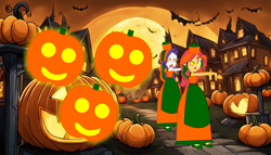Size: 6594x3768 | Tagged: safe, artist:cartoonmasterv3, imported from derpibooru, rarity, sunset shimmer, bat, human, undead, zombie, equestria girls, clothes, dress, drone, duo, duo female, female, halloween, halloween 2024, holiday, infected, jack-o-lantern, long dress, long skirt, moon, pumpkin, skirt, town
