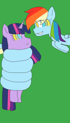 Size: 1280x2218 | Tagged: safe, artist:twidash654738, imported from derpibooru, rainbow dash, twilight sparkle, alicorn, lamia, original species, pony, coils, duo, female, green background, grin, hypno dash, hypno eyes, hypnosis, hypnotized, kaa eyes, lamiafied, looking at each other, looking at someone, mare, rainbow coils, simple background, smiling, species swap, twilight sparkle (alicorn), wrapped snugly, wrapped up