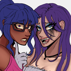 Size: 779x776 | Tagged: safe, artist:slapearl, imported from derpibooru, rarity, twilight sparkle, human, clothes, dark skin, duo, duo female, eyeshadow, fangs, female, gloves, humanized, jewelry, lesbian, lips, looking at you, makeup, messy hair, necklace, open mouth, open smile, rarilight, shipping, smiling