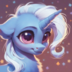 Size: 920x918 | Tagged: safe, imported from derpibooru, trixie, pony, unicorn, ai assisted, ai content, ai generated, beautiful, big eyes, blushing, cute, detailed hair, ear fluff, fluffy, generator:purplesmart.ai, generator:stable diffusion, gradient background, happy, horn, looking at you, prompter:saltyvity, purple eyes, shy, smiling, smiling at you, solo, sparkles, white hair