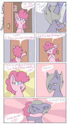 Size: 3726x6600 | Tagged: safe, artist:tkshoelace, imported from derpibooru, limestone pie, pinkie pie, earth pony, comic, crying, curtains, door, duo, duo female, ear fluff, female, floppy ears, hoof on chest, hooves on the table, hug, panels, siblings, sisters, smiling, speech bubble, talking, text, window, younger