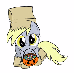 Size: 2100x2100 | Tagged: safe, artist:aprilfools, derpy hooves, pegasus, pony, candy, clothes, colored sketch, costume, female, food, halloween, holding in mouth, holiday, mare, nightmare night, paper bag, pumpkin bucket, simple background, sitting, sketch, solo, trick or treat, white background