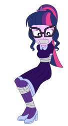 Size: 1269x2340 | Tagged: safe, artist:nie-martw-sie-o-mnie, imported from derpibooru, sci-twi, twilight sparkle, human, equestria girls, twilight under the stars, spoiler:eqg series (season 2), arm behind back, bondage, bound and gagged, clothes, dress, female, femsub, gag, glasses, high heels, my little pony equestria girls: better together, pantyhose, shoes, simple background, sitting, solo, submissive, tape, tape bondage, tape gag, transparent background, twisub