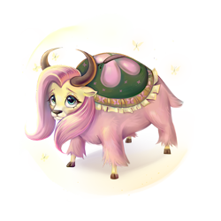 Size: 1000x1000 | Tagged: safe, artist:ske, imported from derpibooru, fluttershy, butterfly, yak, collaboration, collaboration:bestiary of fluttershy, female, horns, simple background, solo, species swap, transparent background