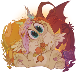 Size: 1000x1000 | Tagged: safe, artist:wacky-skiff, imported from derpibooru, fluttershy, jackalope, spider, chest fluff, collaboration, collaboration:bestiary of fluttershy, eyebrows, eyebrows visible through hair, female, halloween, holiday, horns, jack-o-lantern, mushroom, pumpkin, solo, species swap, wings