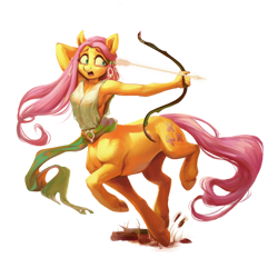 Size: 1000x1000 | Tagged: safe, artist:jewellier, imported from derpibooru, fluttershy, anthro, centaur, taur, arrow, bow (weapon), bow and arrow, breasts, clothes, collaboration, collaboration:bestiary of fluttershy, female, running, sideboob, simple background, solo, transparent background, weapon