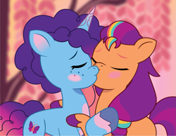 Size: 1037x803 | Tagged: safe, artist:prixy05, imported from derpibooru, sunny starscout, earth pony, pony, unicorn, duo, duo female, eyes closed, female, g5, horn, kiss on the lips, kissing, lesbian, mane stripe sunny, mare, misty brightdawn, my little pony: tell your tale, rebirth misty, shipping, sunnydawn, unitober 2024