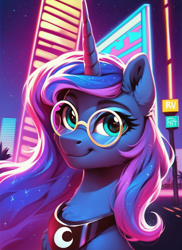 Size: 2048x2816 | Tagged: safe, imported from derpibooru, princess luna, alicorn, pony, ai content, ai generated, bust, city, female, generator:pony diffusion v6 xl, generator:stable diffusion, glasses, horn, looking at you, mare, neon, night, outdoors, portrait, prompter:star-dragon, retrowave, round glasses, smiling, solo, solo female