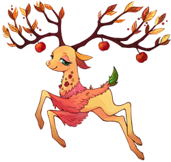 Size: 1000x946 | Tagged: safe, artist:weird--fish, imported from derpibooru, the great seedling, deer, going to seed, apple, cloven hooves, collaboration, collaboration:bestiary of fluttershy, concave belly, flutterdeer, food, quadrupedal, simple background, slender, solo, species swap, thin, thin legs, transparent background